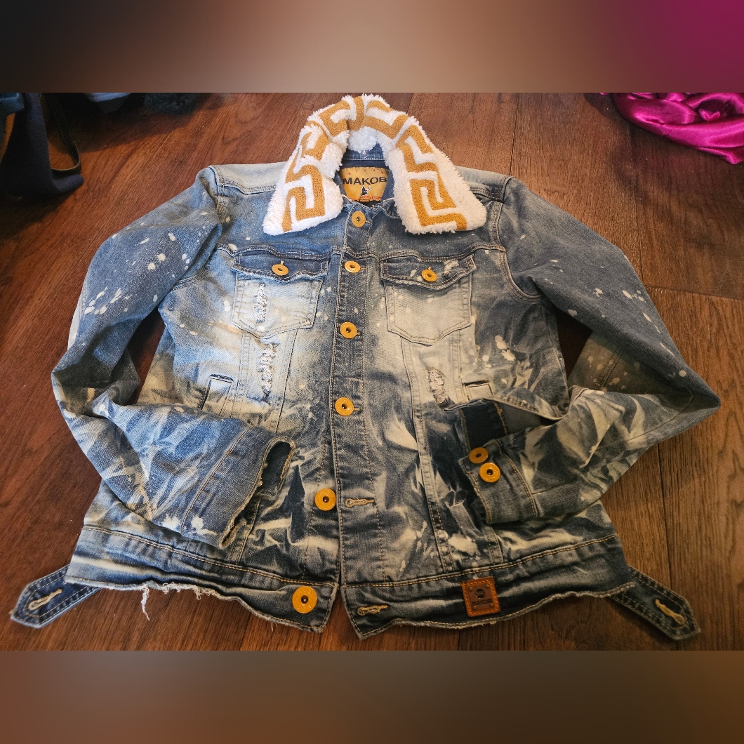 Makobi Denim Jacket Mens Large Blue Acid Wash Moto Biker Buttons Y2k Used
